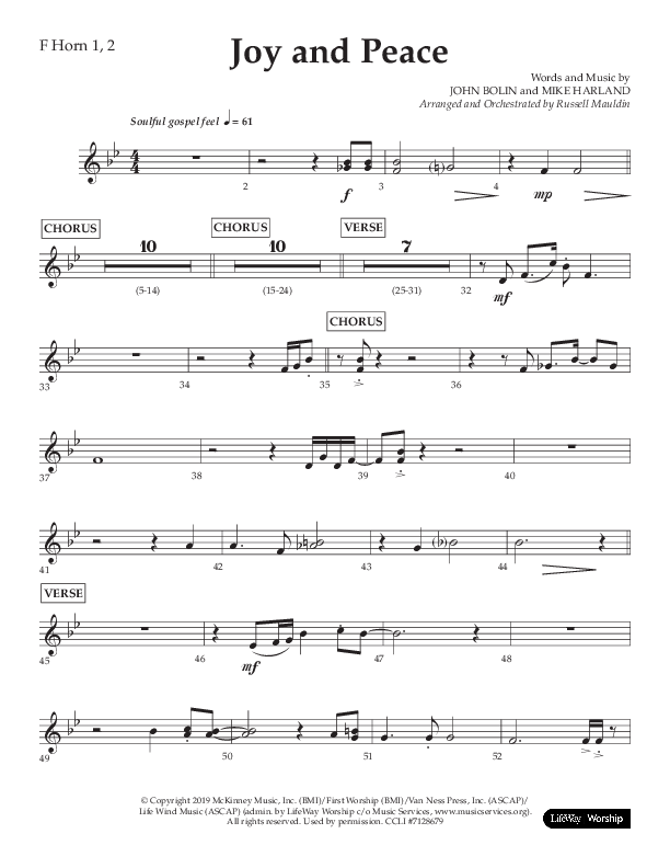 Joy And Peace (Choral Anthem SATB) French Horn 1/2 (Lifeway Choral / Arr. Russell Mauldin)