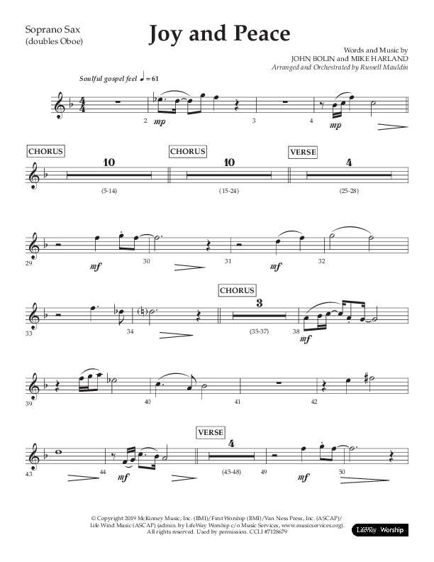 Joy And Peace (Choral Anthem SATB) Soprano Sax (Lifeway Choral / Arr. Russell Mauldin)