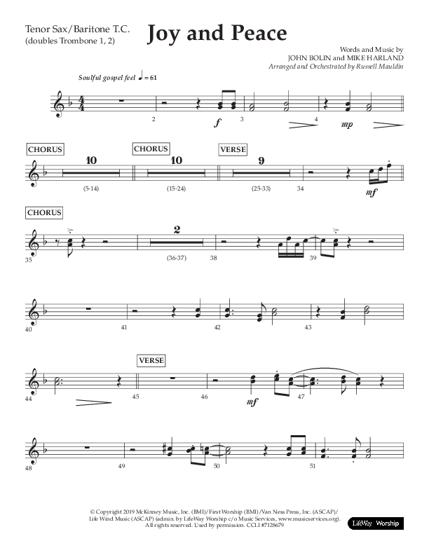 Joy And Peace (Choral Anthem SATB) Tenor Sax/Baritone T.C. (Lifeway Choral / Arr. Russell Mauldin)