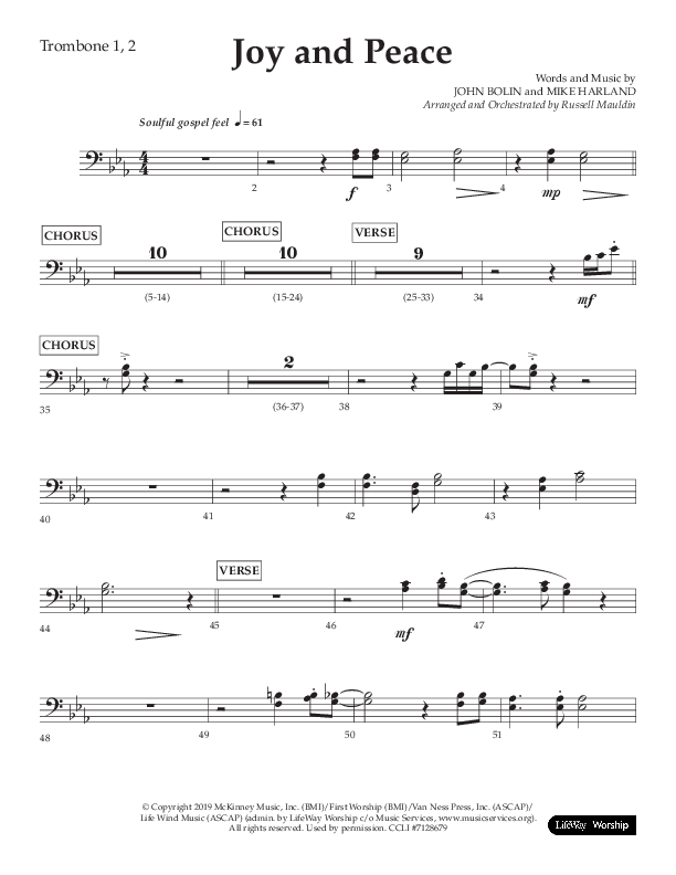 Joy And Peace (Choral Anthem SATB) Trombone 1/2 (Lifeway Choral / Arr. Russell Mauldin)