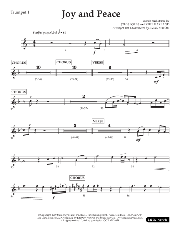 Joy And Peace (Choral Anthem SATB) Trumpet 1 (Lifeway Choral / Arr. Russell Mauldin)