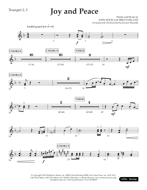 Joy And Peace (Choral Anthem SATB) Trumpet 2/3 (Lifeway Choral / Arr. Russell Mauldin)