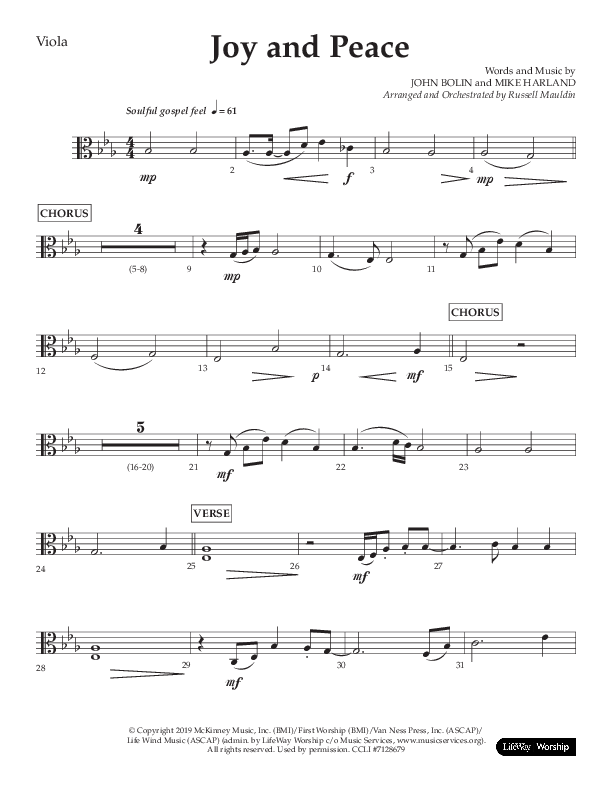 Joy And Peace (Choral Anthem SATB) Viola (Lifeway Choral / Arr. Russell Mauldin)