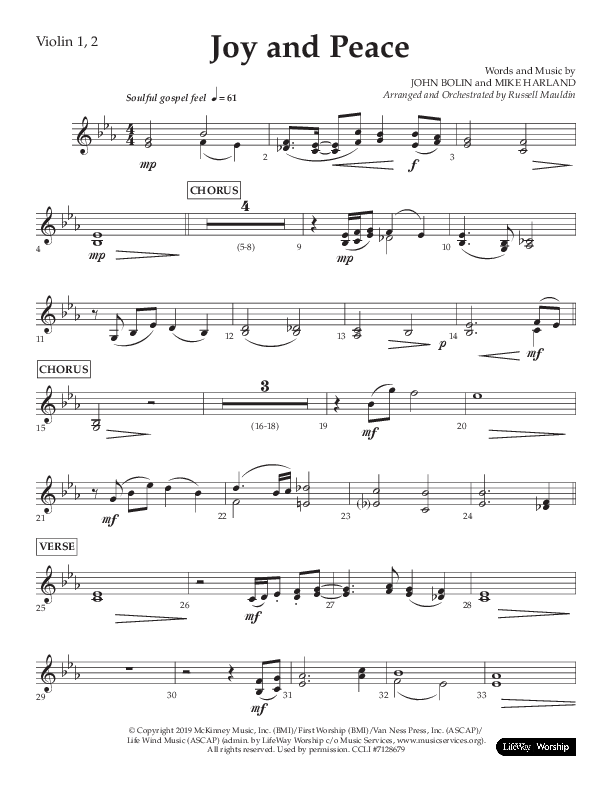 Joy And Peace (Choral Anthem SATB) Violin 1/2 (Lifeway Choral / Arr. Russell Mauldin)