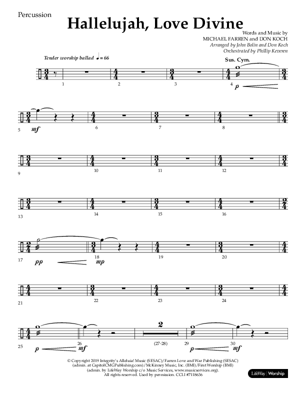 Hallelujah Love Divine (Choral Anthem SATB) Percussion (Lifeway Choral / Arr. John Bolin / Arr. Don Koch / Orch. Phillip Keveren)