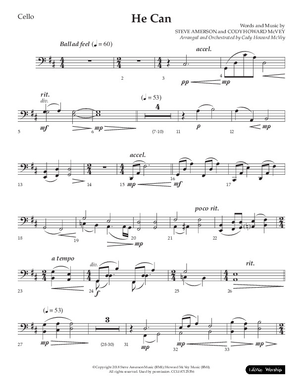 He Can (Choral Anthem SATB) Cello (Arr. Cody McVey)