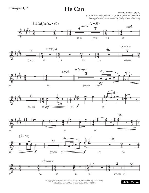 He Can (Choral Anthem SATB) Trumpet 1,2 (Arr. Cody McVey)