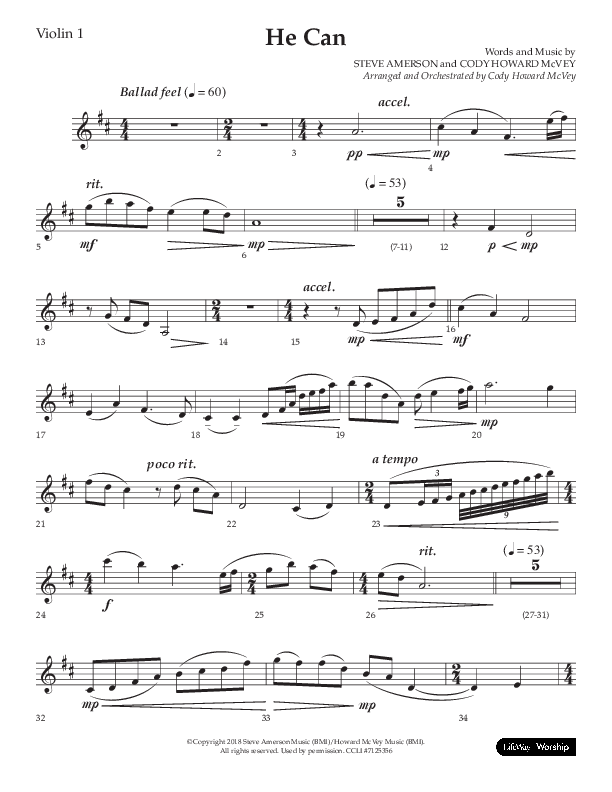 He Can (Choral Anthem SATB) Violin 1 (Arr. Cody McVey)