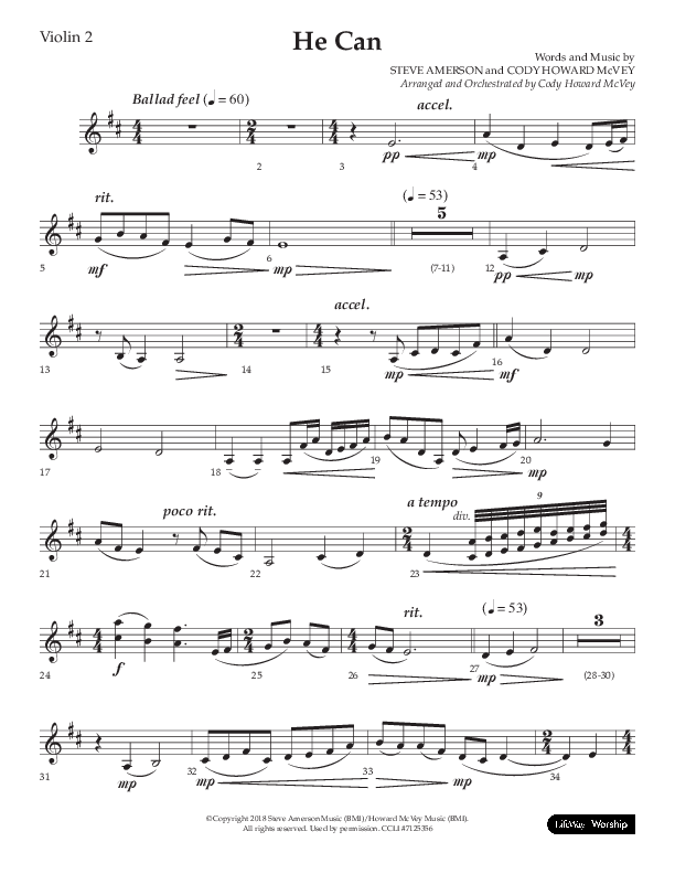 He Can (Choral Anthem SATB) Violin 2 (Arr. Cody McVey)