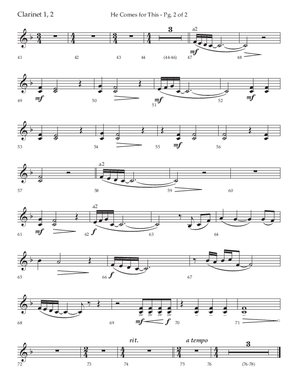 He Comes For This (Choral Anthem SATB) Clarinet 1/2 (Lifeway Choral / Arr. Cody McVey)
