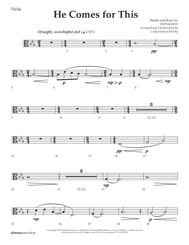 He Comes For This (Choral Anthem SATB) Viola (Lifeway Choral / Arr. Cody McVey)
