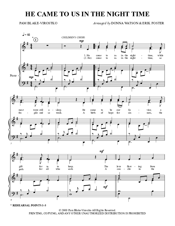 He Came To Us In The Night Time (Unison/2-Part) Piano/Choir (Uni/2-Part) (Foster Music Group)