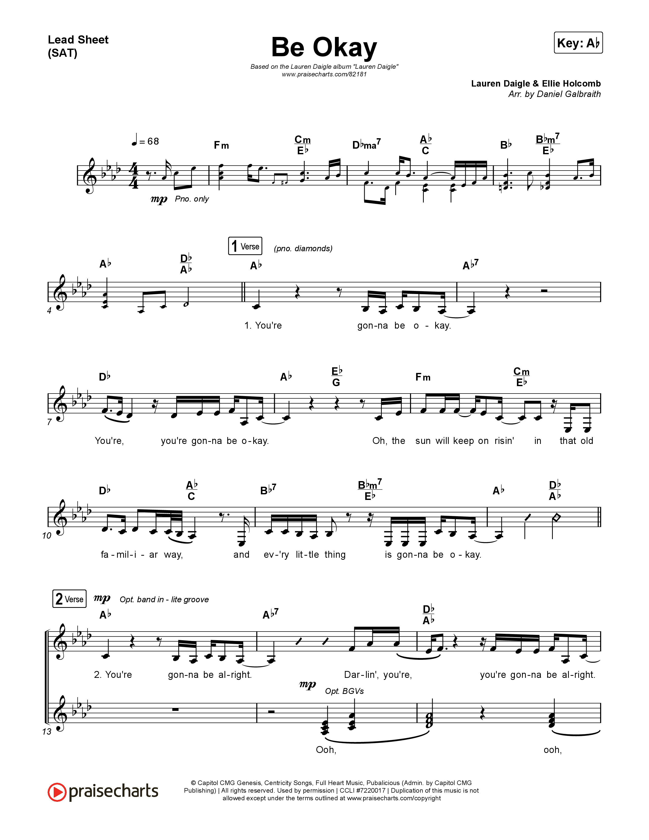 Be Okay Lead Sheet (SAT) (Lauren Daigle)