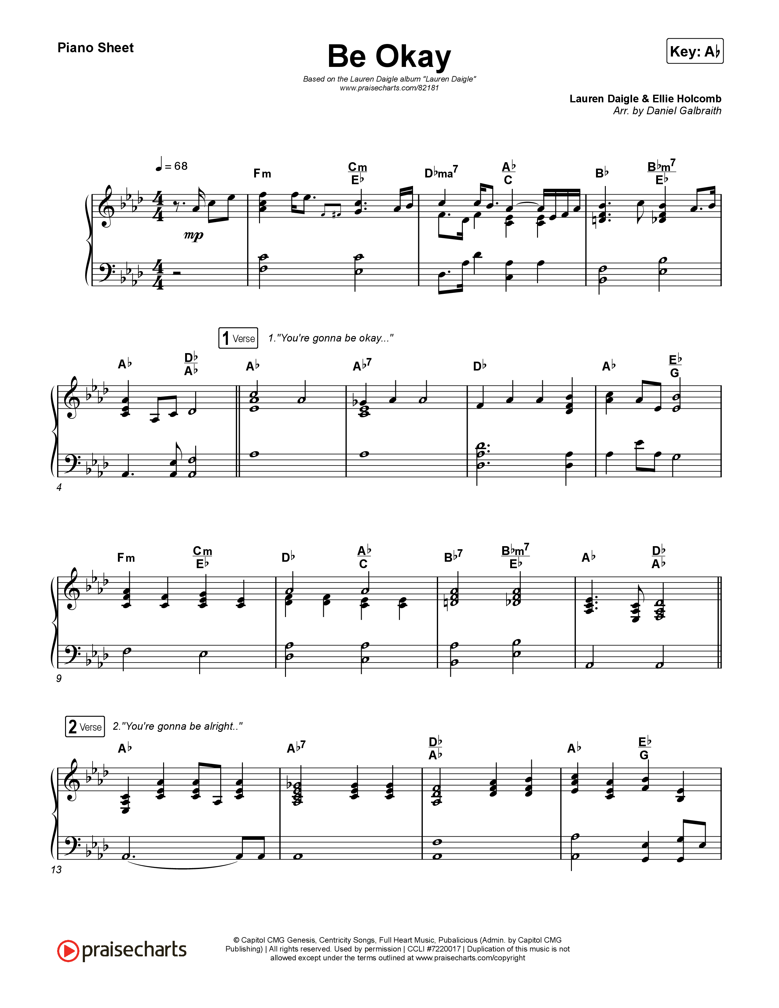 Be Okay Piano Sheet (Lauren Daigle)