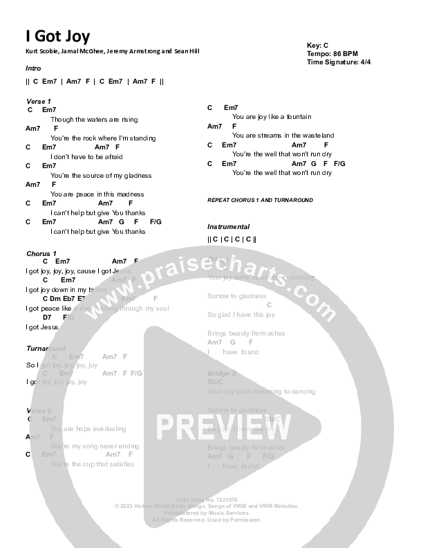 I Got Joy Chord Chart (Victory House Worship)