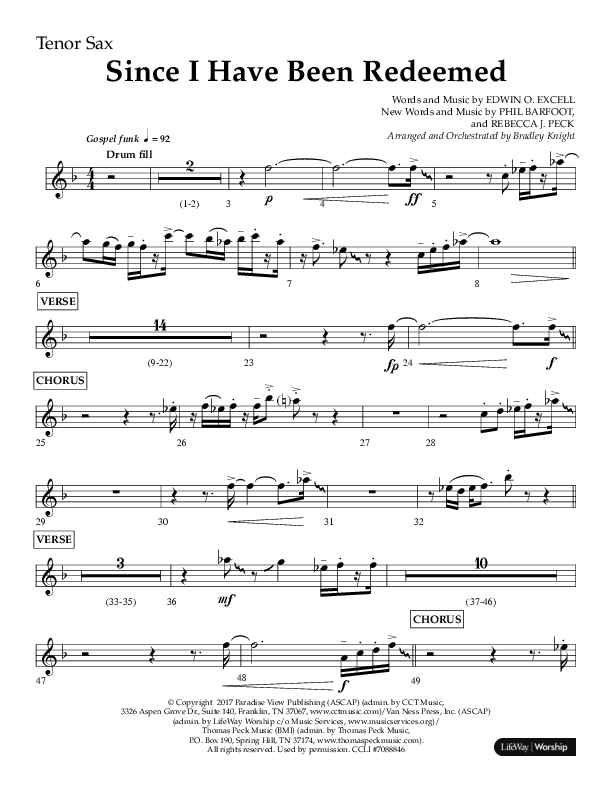 Since I Have Been Redeemed (Choral Anthem SATB) Tenor Sax 1 (Lifeway Choral / Orch. Bradley Knight)