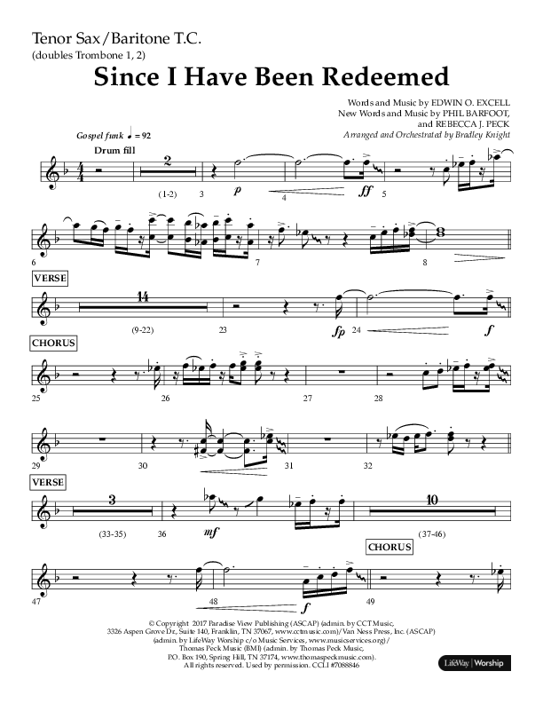 Since I Have Been Redeemed (Choral Anthem SATB) Tenor Sax/Baritone T.C. (Lifeway Choral / Orch. Bradley Knight)
