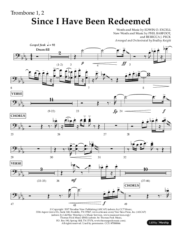 Since I Have Been Redeemed (Choral Anthem SATB) Trombone 1/2 (Lifeway Choral / Orch. Bradley Knight)