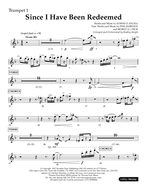Since I Have Been Redeemed (Choral Anthem SATB) Trumpet 1 (Lifeway Choral / Orch. Bradley Knight)
