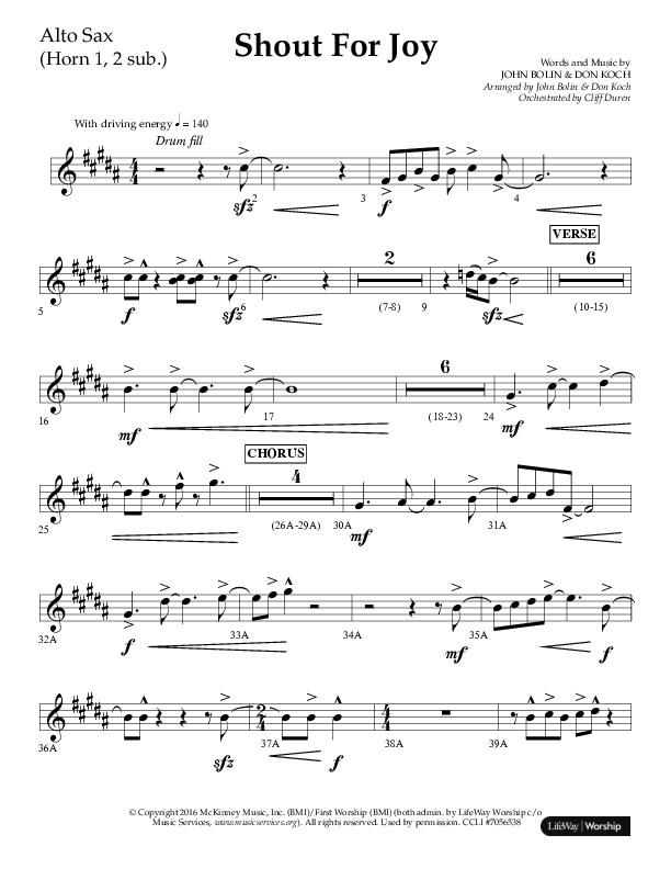 Shout For Joy (Choral Anthem SATB) Alto Sax (Lifeway Choral / Arr. John Bolin / Arr. Don Koch / Orch. Cliff Duren)