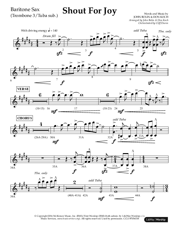 Shout For Joy (Choral Anthem SATB) Bari Sax (Lifeway Choral / Arr. John Bolin / Arr. Don Koch / Orch. Cliff Duren)