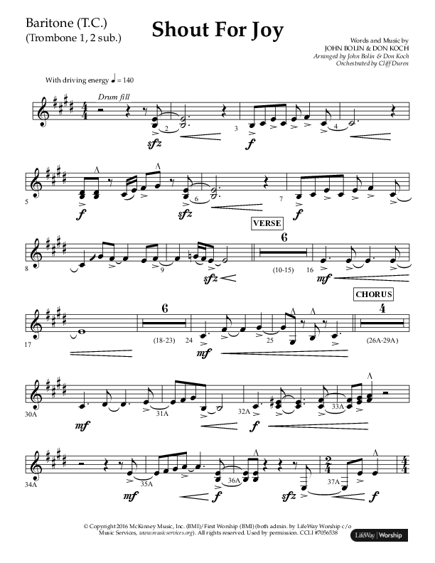 Shout For Joy (Choral Anthem SATB) Baritone TC (Lifeway Choral / Arr. John Bolin / Arr. Don Koch / Orch. Cliff Duren)