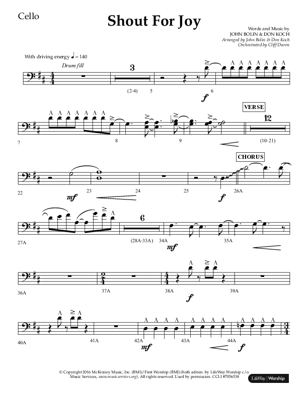 Shout For Joy (Choral Anthem SATB) Cello (Lifeway Choral / Arr. John Bolin / Arr. Don Koch / Orch. Cliff Duren)