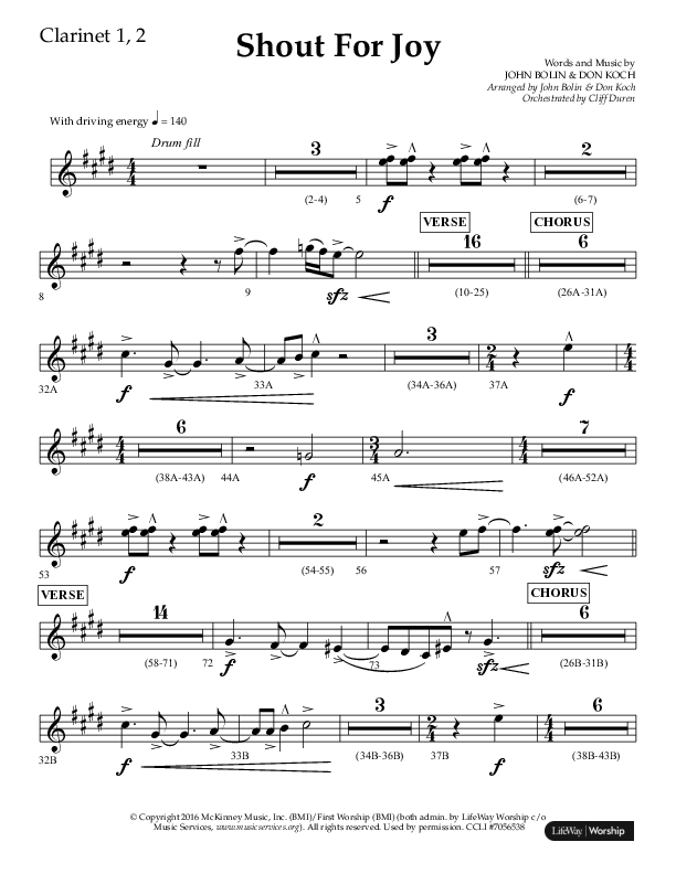 Shout For Joy (Choral Anthem SATB) Clarinet 1/2 (Lifeway Choral / Arr. John Bolin / Arr. Don Koch / Orch. Cliff Duren)