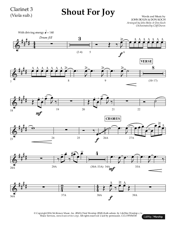 Shout For Joy (Choral Anthem SATB) Clarinet 3 (Lifeway Choral / Arr. John Bolin / Arr. Don Koch / Orch. Cliff Duren)