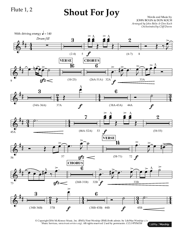 Shout For Joy (Choral Anthem SATB) Flute 1/2 (Lifeway Choral / Arr. John Bolin / Arr. Don Koch / Orch. Cliff Duren)