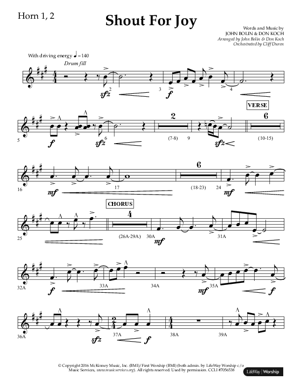 Shout For Joy (Choral Anthem SATB) French Horn 1/2 (Lifeway Choral / Arr. John Bolin / Arr. Don Koch / Orch. Cliff Duren)