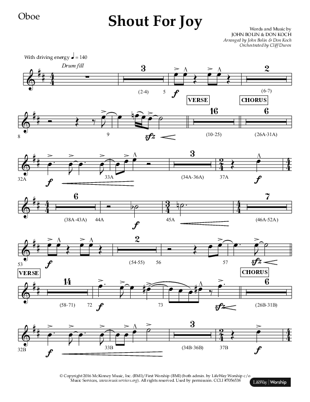 Shout For Joy (Choral Anthem SATB) Oboe (Lifeway Choral / Arr. John Bolin / Arr. Don Koch / Orch. Cliff Duren)
