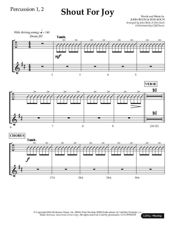 Shout For Joy (Choral Anthem SATB) Percussion 1/2 (Lifeway Choral / Arr. John Bolin / Arr. Don Koch / Orch. Cliff Duren)