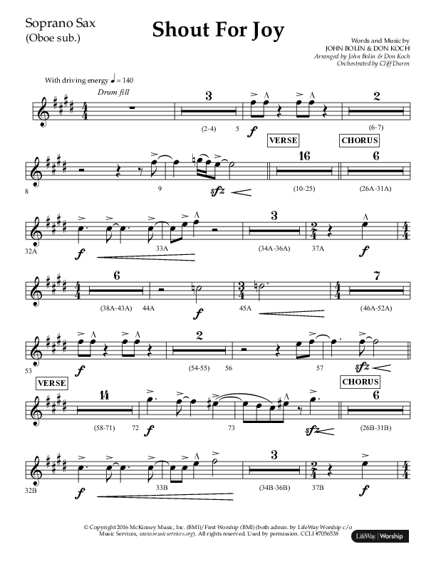 Shout For Joy (Choral Anthem SATB) Soprano Sax (Lifeway Choral / Arr. John Bolin / Arr. Don Koch / Orch. Cliff Duren)