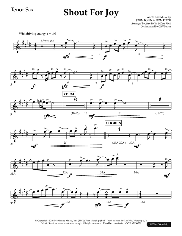 Shout For Joy (Choral Anthem SATB) Tenor Sax 1 (Lifeway Choral / Arr. John Bolin / Arr. Don Koch / Orch. Cliff Duren)