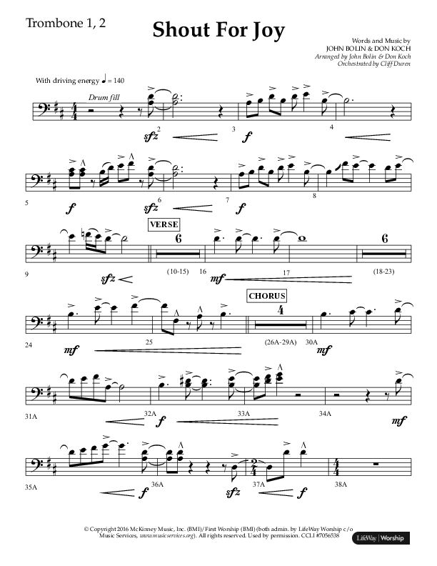 Shout For Joy (Choral Anthem SATB) Trombone 1/2 (Lifeway Choral / Arr. John Bolin / Arr. Don Koch / Orch. Cliff Duren)