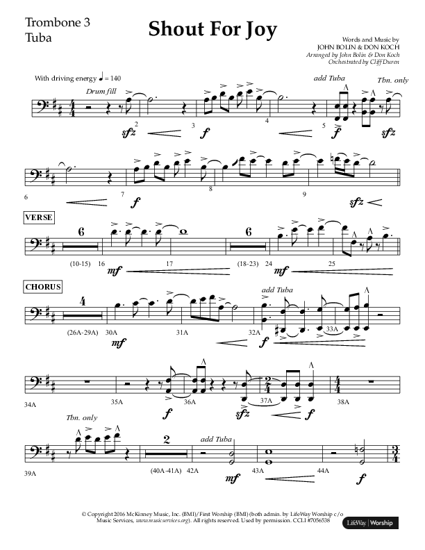 Shout For Joy (Choral Anthem SATB) Trombone 3/Tuba (Lifeway Choral / Arr. John Bolin / Arr. Don Koch / Orch. Cliff Duren)