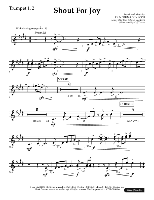 Shout For Joy (Choral Anthem SATB) Trumpet 1,2 (Lifeway Choral / Arr. John Bolin / Arr. Don Koch / Orch. Cliff Duren)