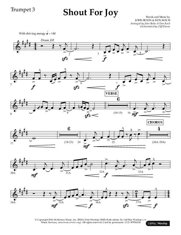 Shout For Joy (Choral Anthem SATB) Trumpet 3 (Lifeway Choral / Arr. John Bolin / Arr. Don Koch / Orch. Cliff Duren)