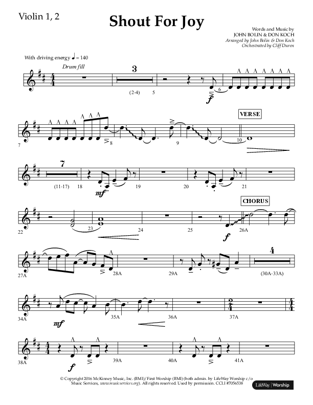 Shout For Joy (Choral Anthem SATB) Violin 1/2 (Lifeway Choral / Arr. John Bolin / Arr. Don Koch / Orch. Cliff Duren)