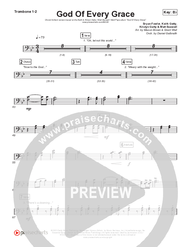 God Of Every Grace (Choral Anthem SATB) Trombone 1,2 (Keith & Kristyn Getty / Matt Boswell / Matt Papa / Arr. Mason Brown)