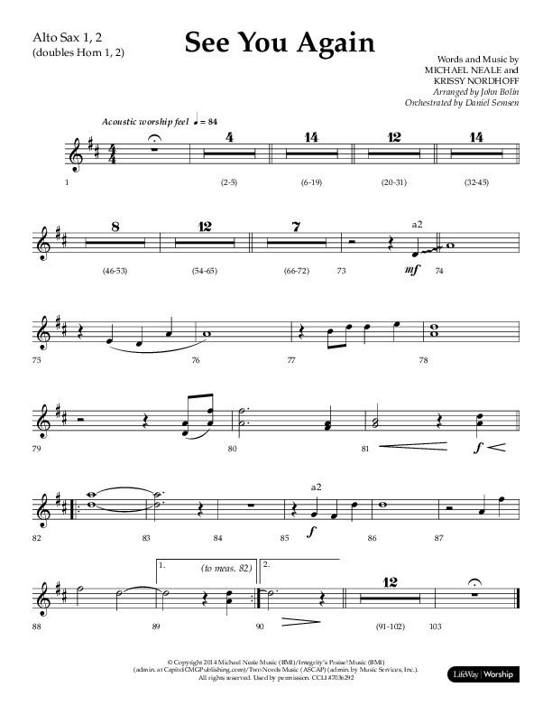 See You Again (Choral Anthem SATB) Alto Sax 1/2 (Lifeway Choral / Arr. John Bolin / Orch. Daniel Semsen)