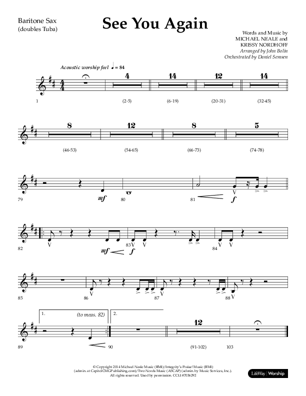See You Again (Choral Anthem SATB) Bari Sax (Lifeway Choral / Arr. John Bolin / Orch. Daniel Semsen)