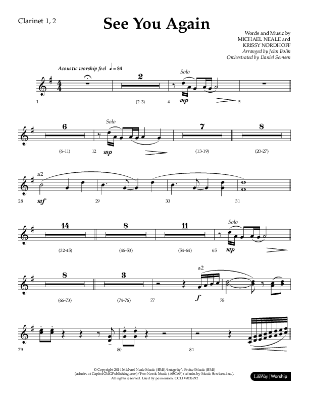 See You Again (Choral Anthem SATB) Clarinet 1/2 (Lifeway Choral / Arr. John Bolin / Orch. Daniel Semsen)
