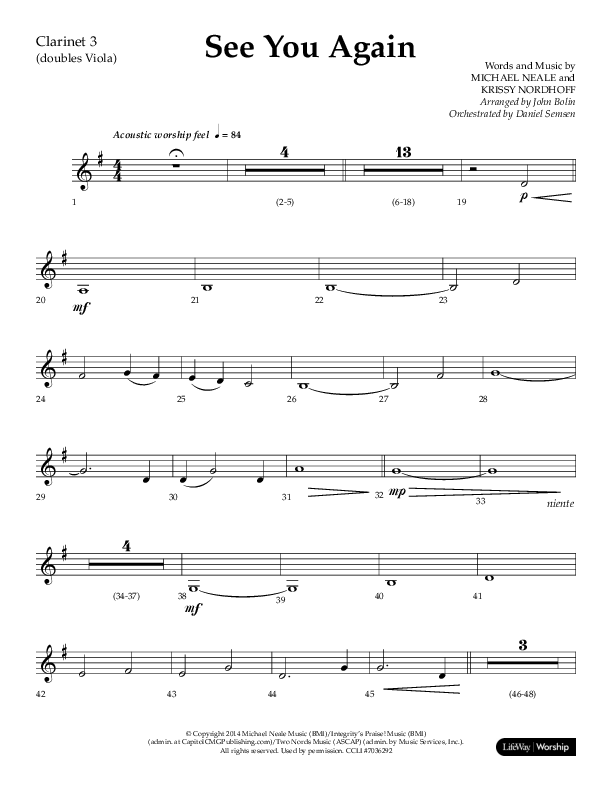 See You Again (Choral Anthem SATB) Clarinet 3 (Lifeway Choral / Arr. John Bolin / Orch. Daniel Semsen)