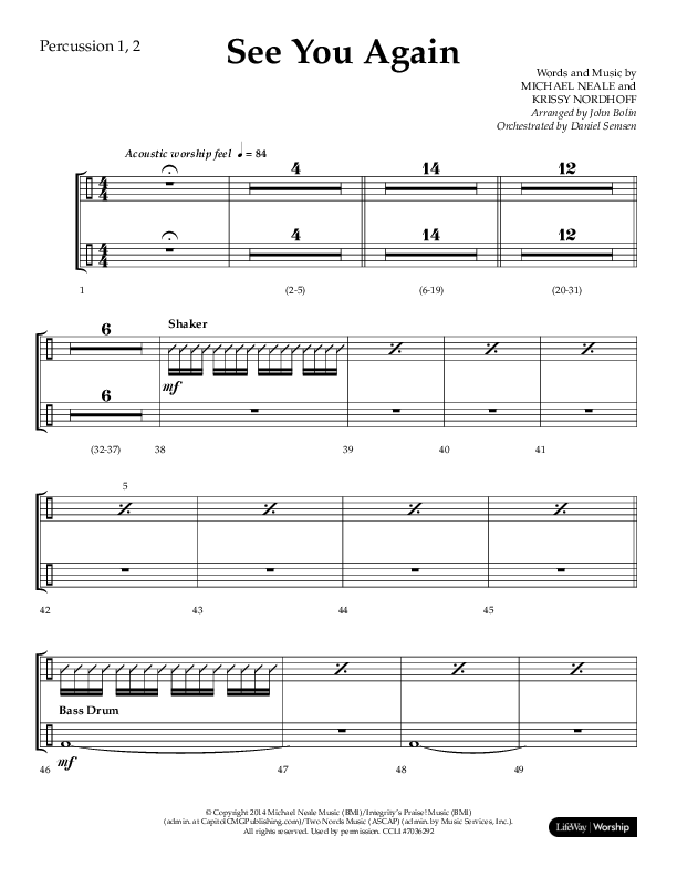 See You Again (Choral Anthem SATB) Percussion 1/2 (Lifeway Choral / Arr. John Bolin / Orch. Daniel Semsen)