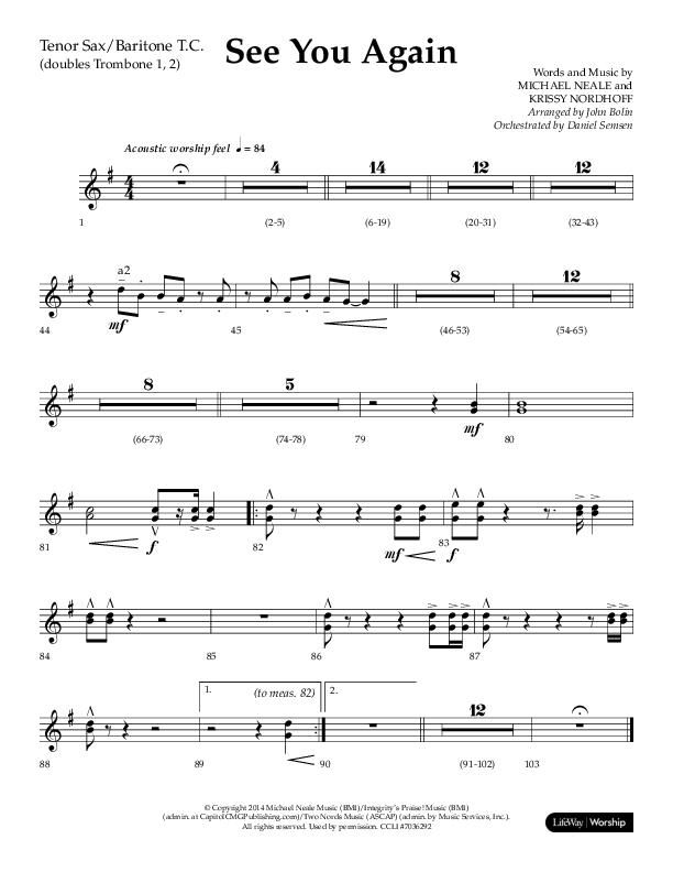 See You Again (Choral Anthem SATB) Tenor Sax/Baritone T.C. (Lifeway Choral / Arr. John Bolin / Orch. Daniel Semsen)