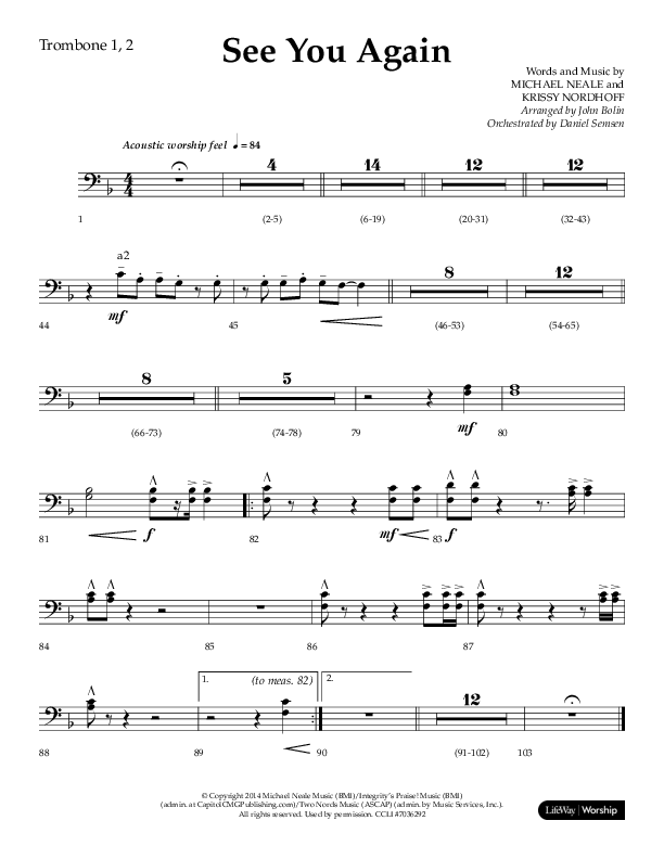 See You Again (Choral Anthem SATB) Trombone 1/2 (Lifeway Choral / Arr. John Bolin / Orch. Daniel Semsen)