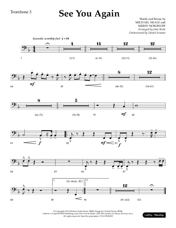 See You Again (Choral Anthem SATB) Trombone 3 (Lifeway Choral / Arr. John Bolin / Orch. Daniel Semsen)