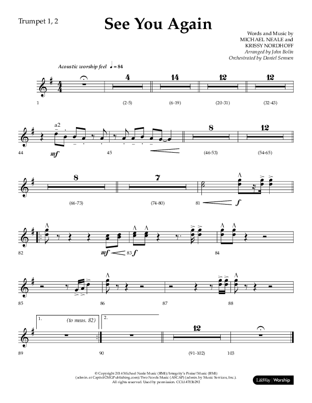 See You Again (Choral Anthem SATB) Trumpet 1,2 (Lifeway Choral / Arr. John Bolin / Orch. Daniel Semsen)